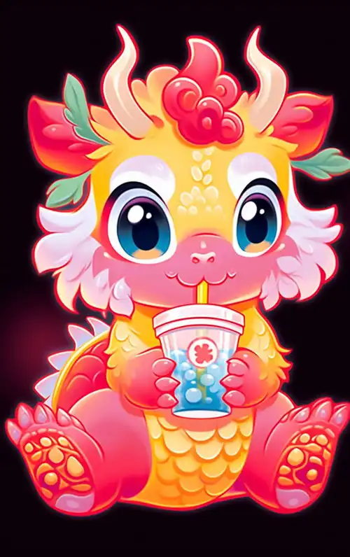  粉色卡通龙卡通喝奶茶的卡通龙广告素材下载至来源处